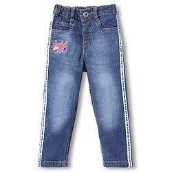 Babyhug Cotton Denim Full Length Jeans With Text Embridoery - Blue