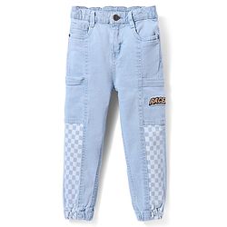 Babyhug Denim Full Length Text & Checks Printed Washed Jeans With Stretch - Light Blue