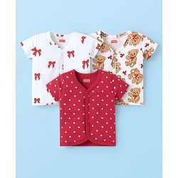 Babyhug 100% Cotton Interlock Knit Half Sleeves Vests With Polka Dots & Teddy Bear Print Pack Of 3 - Red & White