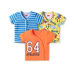 Babyhug 100% Cotton Knit Front Open Vests with Stripes & Tiger Print Pack of 3 - Orange Yellow & Blue