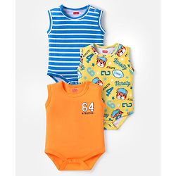 Babyhug 100% Cotton Knit Sleeveless Onesies with Sports Theme Print & Stripes Pack of 3 - Blue Yellow & Orange