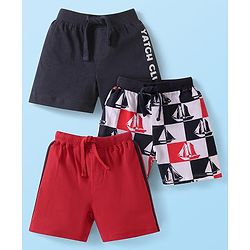 Babyhug Cotton Single Jersey Knit Mid Thigh Length Shorts with Nautical Theme Print & Tape Detailing Pack of 3 - Black & Red