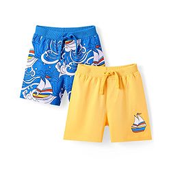 Babyhug Cotton Knit Mid Thigh Length Shorts with Nautical Theme Print Pack of 2 - Yellow & Blue