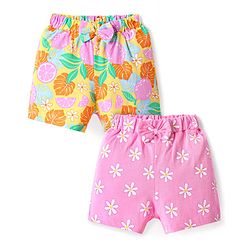 Babyhug Single Jersey Knit Shorts with Tropical Print & Bow Applique Pack of 2 - Pink