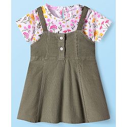 Babyhug Cotton Woven Frock & Half Sleeves Inner Tee With Floral Print - Olive Green