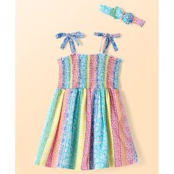 Babyhug Cotton Woven Singlet Sleeves Floral Printed Frock with Headband & Smocking - Multicolor