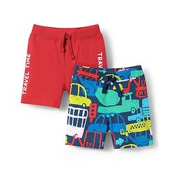 Babyhug Cotton Knit Mid Thigh Shorts with Vehicle Print Pack of 2 - Red & Blue
