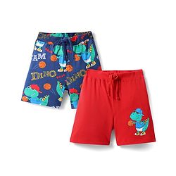 Babyhug Cotton Knit Mid Thigh Shorts with Dino Print Pack of 2 - Red & Navy Blue