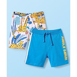 Babyhug Single Jersey Knit Mid Thigh Shorts with Animal & Jungle Safari Text Print Pack Of 2 - White & Blue