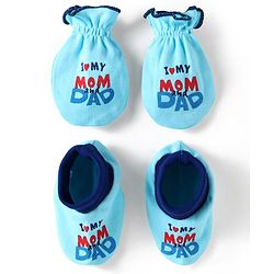 Babyhug Interlock Knit Mittens & Booties With Text Print - Light Blue
