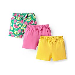 Babyhug Single Jersey Knit Mid Thigh Shorts With Tropical Theme Pack Of 3 - Yellow Pink & Light Green