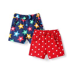 Babyhug Single Jersey Knit Mid Thigh Shorts With Polka Dot & Star Print & Bow Applique Pack of 2 - Red & Navy Blue