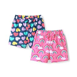 Babyhug Single Jersey Knit Mid Thigh Shorts With Heart & Rainbow Print & Bow Applique Pack of 2 - Pink & Navy Blue