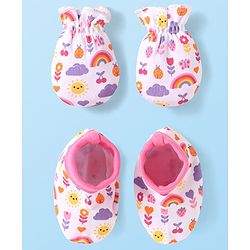 Babyhug 100% Cotton Knit Mittens & Booties Set with Floral & Bee Print - Pink