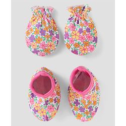Babyhug 100% Cotton Knit Mittens & Booties with Floral Print - White & Pink