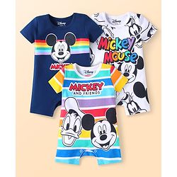 Babyhug Disney Interlock Knit Half Sleeves Rompers with Mickey Mouse & Friends Graphics Pack of 3 - Navy Blue & White