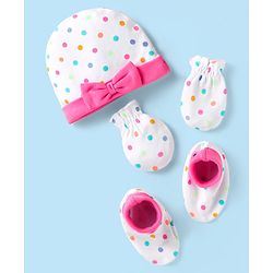 Babyhug Interlock Knit Cap Mittens & Booties With Polka Dot Print & Bow Applique - White