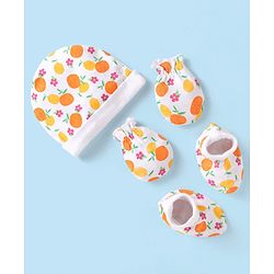Babyhug 100% Cotton Cap Mittens And Booties Fruit Printed - White & Orange