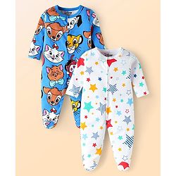 Babyhug Cotton Knit Full Sleeves Sleep Suits With Stripes Design & Animals Print Pack Of 2 - White & Red
