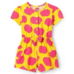 Babyhug Cotton Knit Half Sleeves Jumpsuit with Apple Print & Bow Applique - Yellow