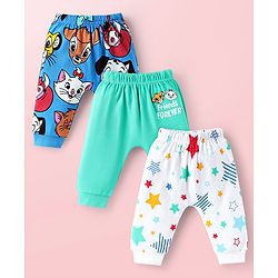 Babyhug Disney Interlock Knit Ankle Length Diaper Legging With Disney Character Graphic Pack Of 3 - Aqua Blue & White