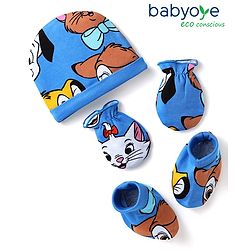 Babyhug Disney Interlock Knit Caps Mittens & Booties Set With Disney Character Print Blue - Diameter 12 cm