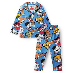 Babyhug Disney Single Jersey Knit Full Sleeves Co-Ord Night Suit With Disney Characters Print - Blue