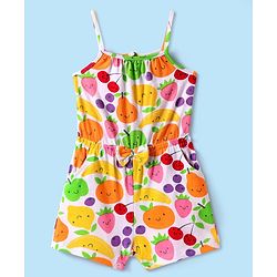 Babyhug Cotton Knit Sleeveless Jumpsuit with Fruits Print & Bow Applique - White