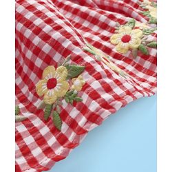 Babyhug Single Jersey Knit Frill Sleeves Top & Checks Skirt Set With Floral Embroidery - White & Pink
