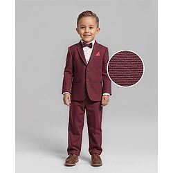 Babyhug Knit Full Sleeves Printed 3 Piece Party Suit With Bow - Maroon