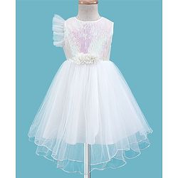 Babyhug Woven Sleeveless Fit & Flare Party Dress with Sequined Yoke & Floral Corsage - White