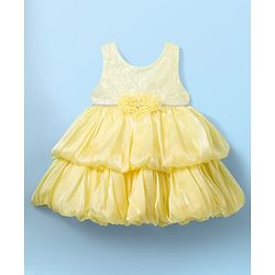 Babyhug Woven Sleeveless Balloon Party Dress With Sequin Detailing & Bow Applique - Yellow & White