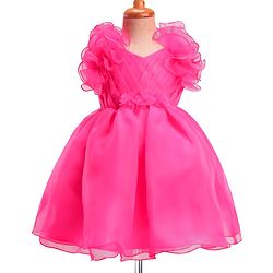 Babyhug Woven Frill Sleeves Solid Party Dress With Floral Corsage - Dark Pink