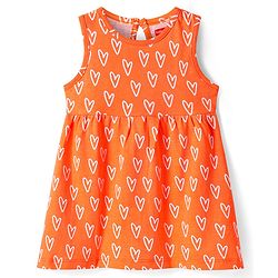Babyhug Single Jersey Knit Sleeveless Frock With Heart Print - Orange