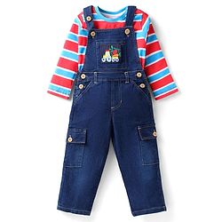 Babyhug Single Jersey Knit Full Sleeves Striped T-Shirt & Dungaree with Vehicle Print - Red & Blue