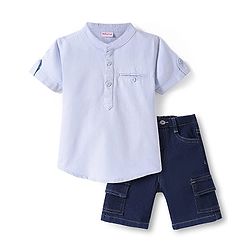 Babyhug Cotton Oxford Half Sleeves Solid Color Kurta Style Shirt & Denim Shorts Set - Blue
