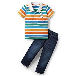 Babyhug Single Jersey Knit Half Sleeves Polo T-Shirt & Jeans with Stripes & Bunny Print - Blue & White