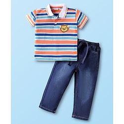 Babyhug Single Jersey Knit Half Sleeves Polo Neck T-Shirt & Jeans with Stripes Lion Print - Blue