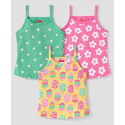 Babyhug 100% Cotton Knit Singlet Sleeves Slips with Floral & Polka Dot Prints Pack of 3- Pink Yellow & Green