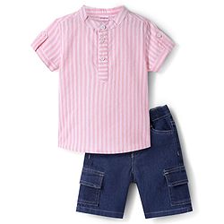 Babyhug Cotton Knit Half Sleeves Mandarin Collar Striped Shirt & Denim Shorts Set - Blue & Pink