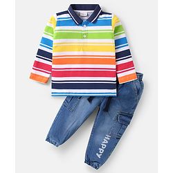 Babyhug Single Jersey Knit Full Sleeves Striped Polo T-Shirt & Denim Jeans Set With Happy Print - Red & Blue