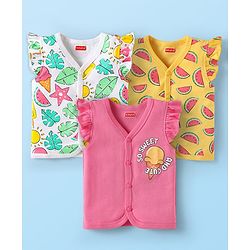 Babyhug 100% Interlock Knit Front Open Frill Sleeves Vests With Tropical Theme Pack Of 3 - Pink White & Yellow