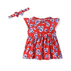 Babyhug Cotton Knit Frill Sleeves Frock & Hair Band with Floral Print & Bow Applique - Red