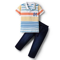 Babyhug Single Jersey Knit Half Sleeves Striped Polo T-Shirt & Denim Jeans Set - Multicolor