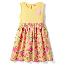 Babyhug Cotton Knit Sleeveless Frock with Floral Print & Patch - Yellow