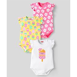 Babyhug 100% Cotton Knit Frill Sleeves Onesies With Popsicle & Floral Print Pack Of 3 - Pink Yellow & White