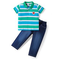 Babyhug Single Jersey Knit Half Sleeves Striped Polo T-Shirt & Denim Jeans Set with Patch Detailing - Blue & Light Green