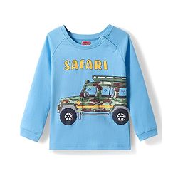 Babyhug Cotton Knit Full Raglan Sleeves T-Shirt With Car Print - Light Blue