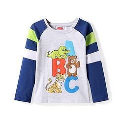 Babyhug Cotton Knit Full Raglan Sleeves T-Shirt With Animal & Alphabet Print - Light Grey & Navy Blue