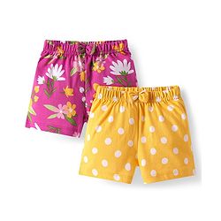 Babyhug Cotton Knit Mid Thigh Floral & Polka Dots Printed Shorts with Bow Applique Pack of 2 - Yellow & Pink